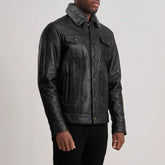 Alex  Black Leather Shearling Trucker Jacket for men
